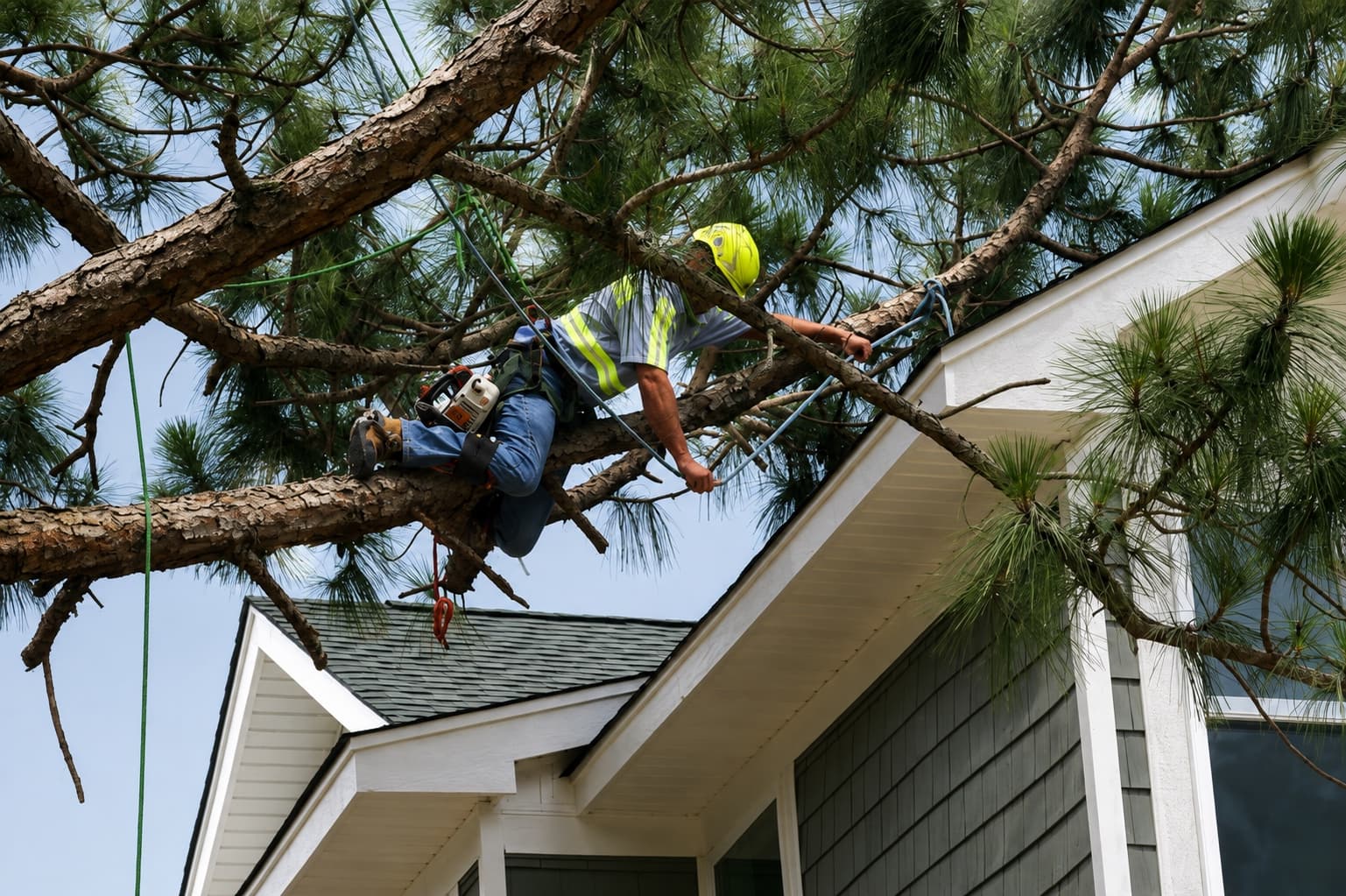 Advanced Tree arborist working carefully above a coastal home